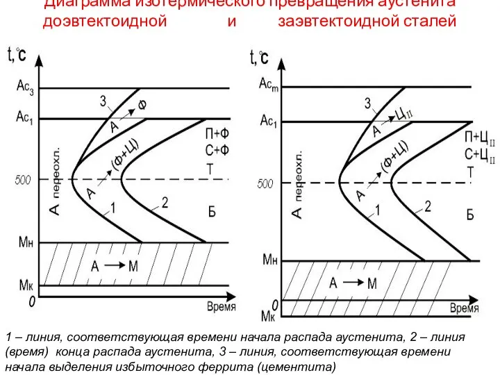 Диаграмма изотермического превращения аустенита доэвтектоидной и заэвтектоидной сталей 1 – линия,