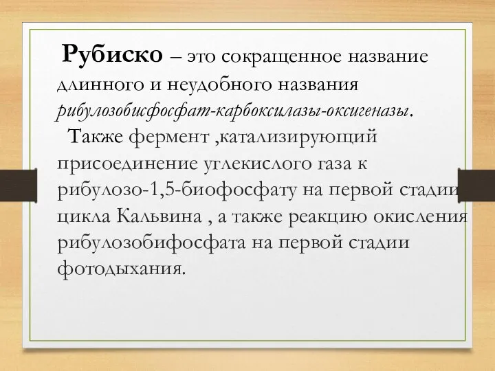 Рубиско – это сокращенное название длинного и неудобного названия рибулозобисфосфат-карбоксилазы-оксигеназы. Также