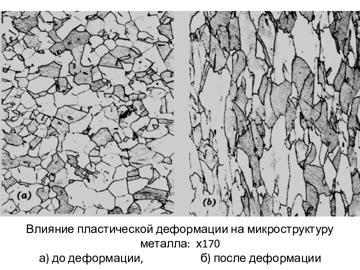 Влияние пластической деформации на микроструктуру металла: х170 а) до деформации, б) после деформации