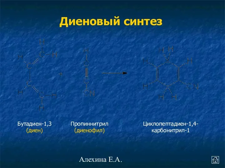 Алехина Е.А. Бутадиен-1,3 (диен) Пропиннитрил (диенофил) Циклопептадиен-1,4-карбонитрил-1 Диеновый синтез