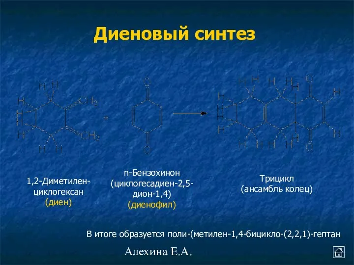 Алехина Е.А. Диеновый синтез 1,2-Диметилен-циклогексан (диен) n-Бензохинон (циклогесадиен-2,5-дион-1,4) (диенофил) Трицикл (ансамбль колец) В итоге образуется поли-(метилен-1,4-бицикло-(2,2,1)-гептан