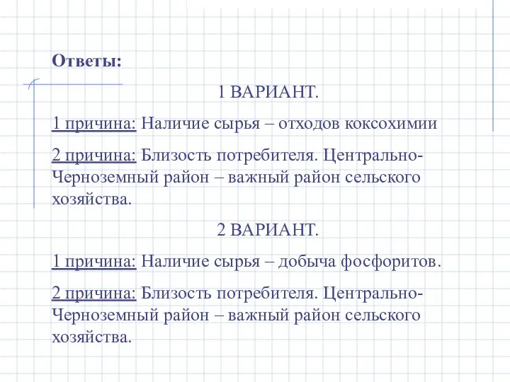 Ответы: 1 ВАРИАНТ. 1 причина: Наличие сырья – отходов коксохимии 2