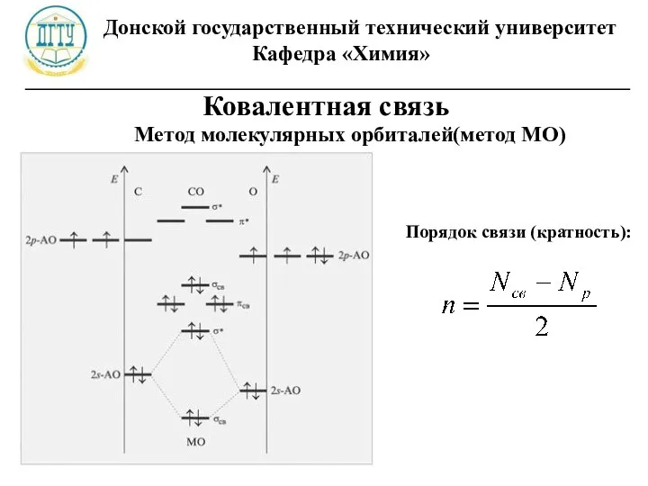 Донской государственный технический университет Кафедра «Химия» ________________________________________________________ Ковалентная связь Метод молекулярных орбиталей(метод МО) Порядок связи (кратность):