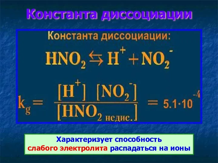 Константа диссоциации Характеризует способность слабого электролита распадаться на ионы