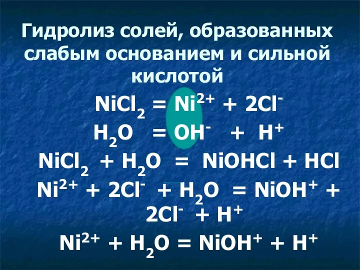 Гидролиз солей, образованных слабым основанием и сильной кислотой NiCl2 = Ni2+