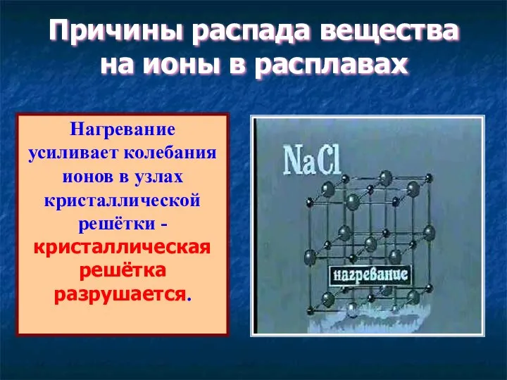 Причины распада вещества на ионы в расплавах Нагревание усиливает колебания ионов