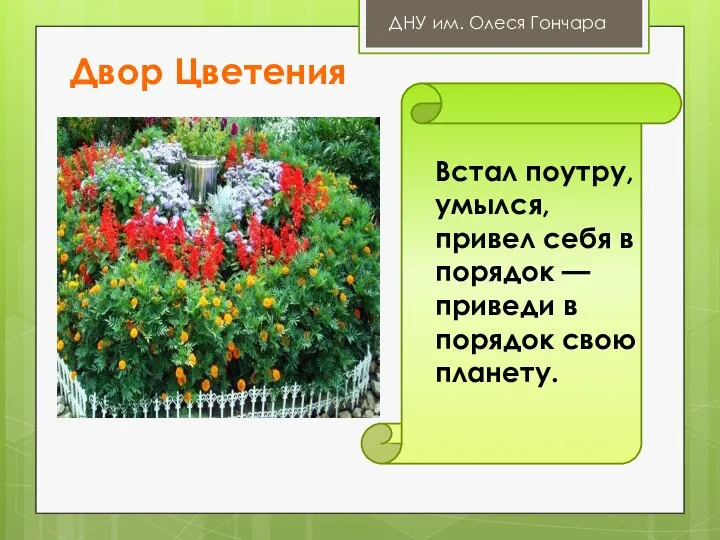 Двор Цветения ДНУ им. Олеся Гончара Встал поутру, умылся, привел себя