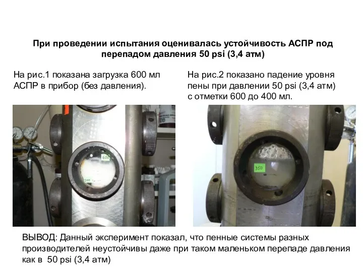 При проведении испытания оценивалась устойчивость АСПР под перепадом давления 50 psi