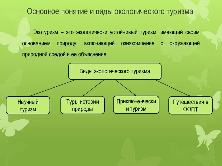 Основное понятие и виды экологического туризма Экотуризм – это экологически устойчивый