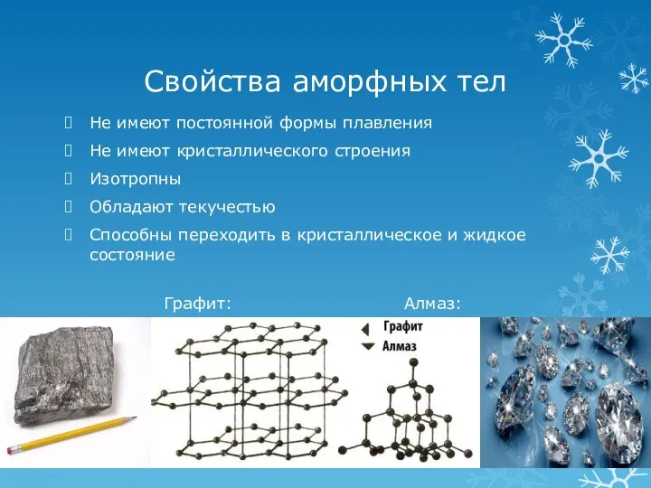 Свойства аморфных тел Не имеют постоянной формы плавления Не имеют кристаллического