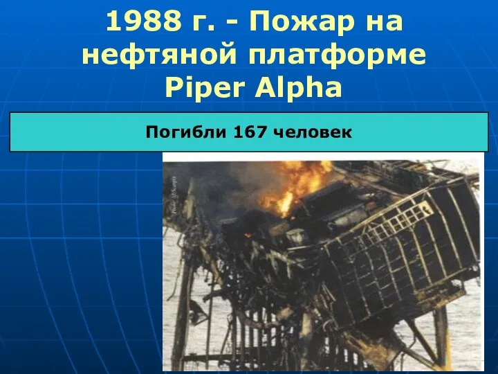 1988 г. - Пожар на нефтяной платформе Piper Alpha Погибли 167 человек