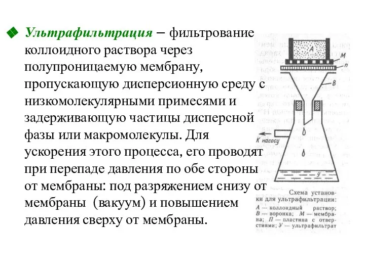 Ультрафильтрация – фильтрование коллоидного раствора через полупроницаемую мембрану, пропускающую дисперсионную среду