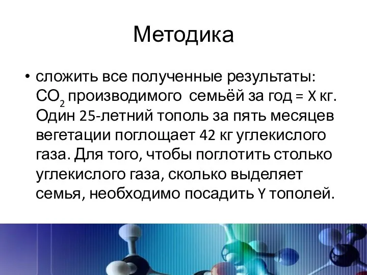 Методика сложить все полученные результаты: СО2 производимого семьёй за год =