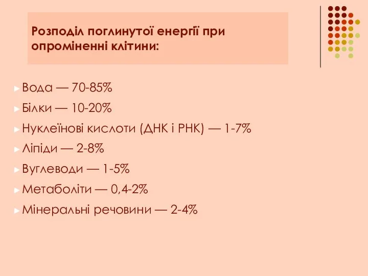 Розподіл поглинутої енергії при опроміненні клітини: Вода — 70-85% Білки —