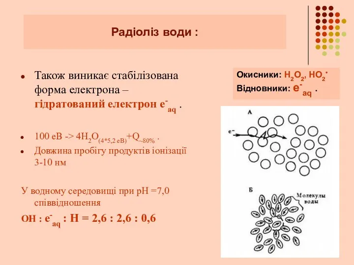 Також виникає стабілізована форма електрона – гідратований електрон е-aq . 100