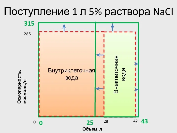 Поступление 1 л 5% раствора NaCl Внеклеточная вода Объем, л Осмолярность,