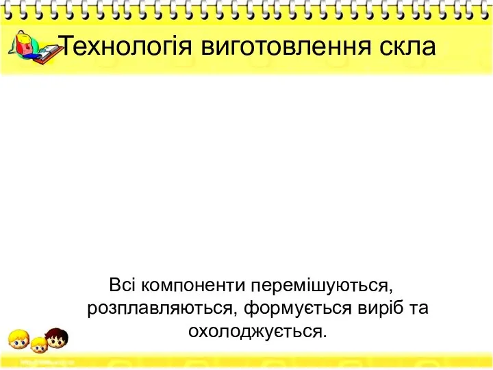 Технологія виготовлення скла Всі компоненти перемішуються, розплавляються, формується виріб та охолоджується.