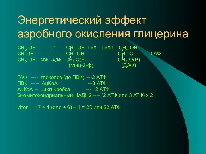 Энергетический эффект аэробного окисления глицерина СН2-ОН 1 СН2-ОН НАД НАДН СН2-ОН