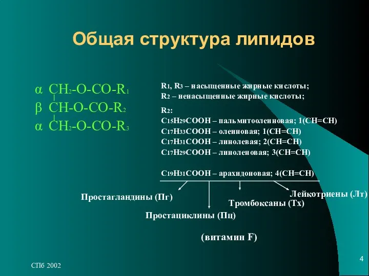 СПб 2002 α СН2-О-СО-R1 β CH-O-CO-R2 α CH2-O-CO-R3 Общая структура липидов