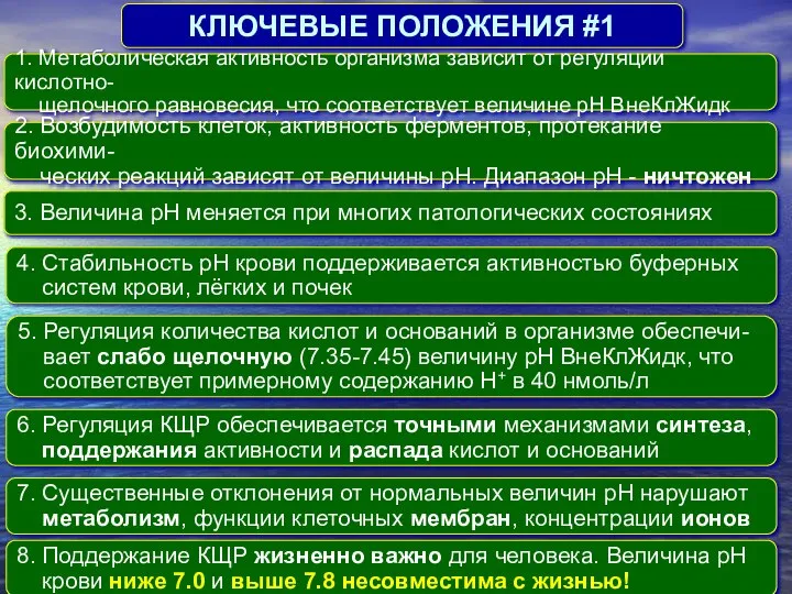 КЛЮЧЕВЫЕ ПОЛОЖЕНИЯ #1 1. Метаболическая активность организма зависит от регуляции кислотно-