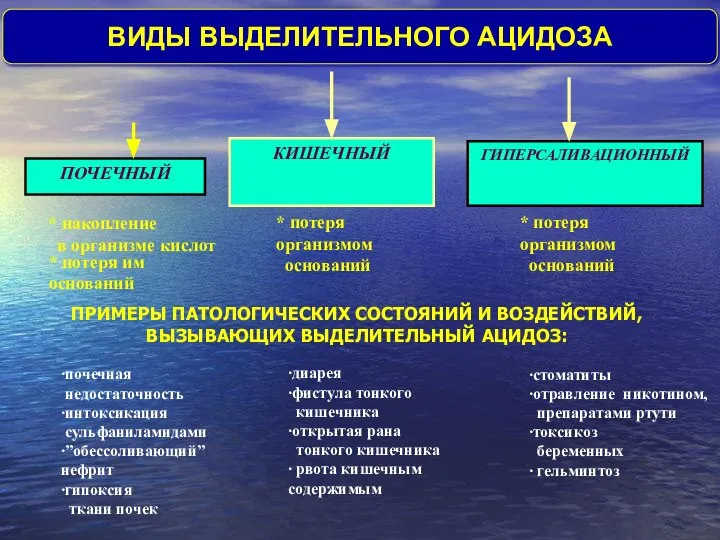 * накопление в организме кислот * потеря организмом оснований * потеря