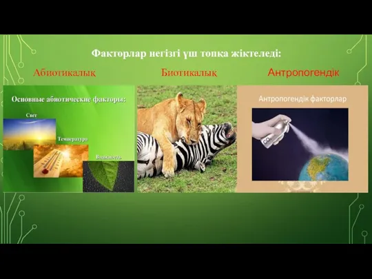 Факторлар негізгі үш топқа жіктеледі: Абиотикалық Биотикалық Антропогендік