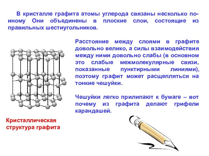 В кристалле графита атомы углерода связаны несколько по-иному Они объединены в