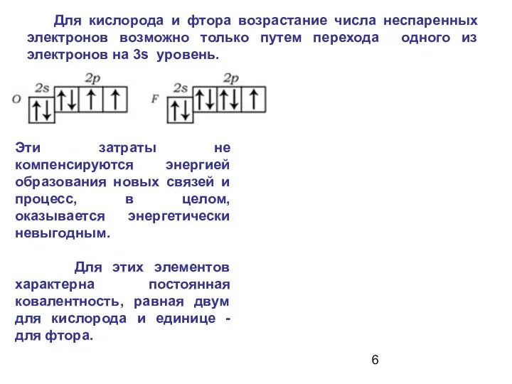 Для кислорода и фтора возрастание числа неспаренных электронов возможно только путем