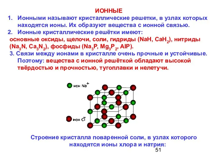 ИОННЫЕ Ионными называют кристаллические решетки, в узлах которых находятся ионы. Их