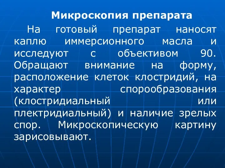 Микроскопия препарата На готовый препарат наносят каплю иммерсионного масла и исследуют