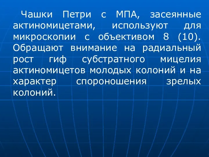 Чашки Петри с МПА, засеянные актиномицетами, используют для микроскопии с объективом