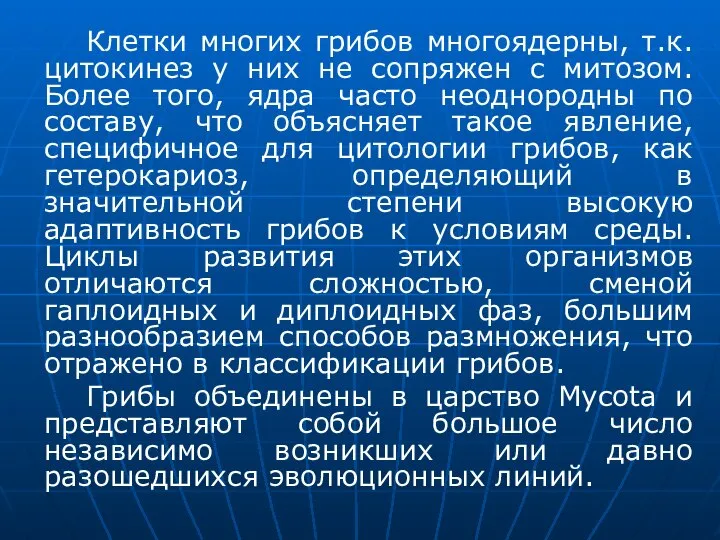 Клетки многих грибов многоядерны, т.к. цитокинез у них не сопряжен с