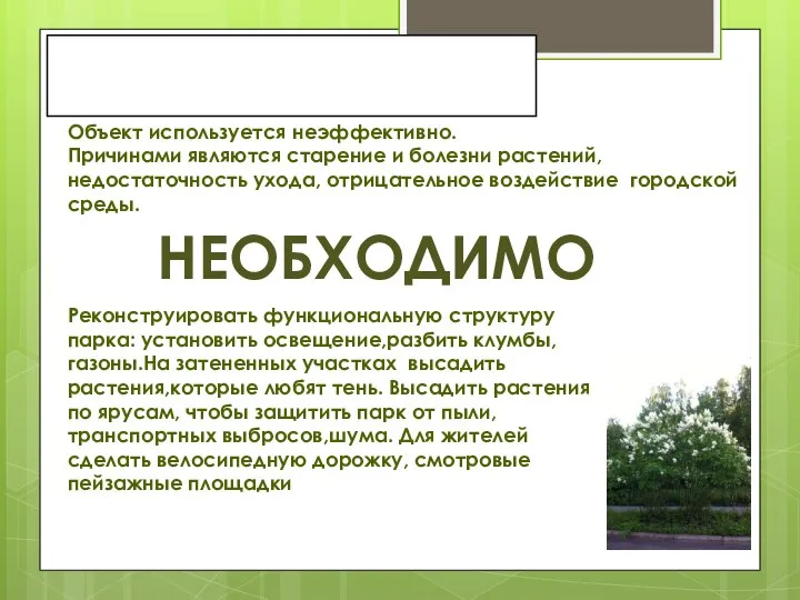 Выводы: Объект используется неэффективно. Причинами являются старение и болезни растений, недостаточность