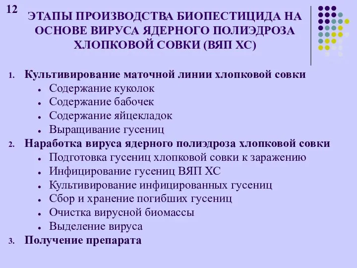 ЭТАПЫ ПРОИЗВОДСТВА БИОПЕСТИЦИДА НА ОСНОВЕ ВИРУСА ЯДЕРНОГО ПОЛИЭДРОЗА ХЛОПКОВОЙ СОВКИ (ВЯП