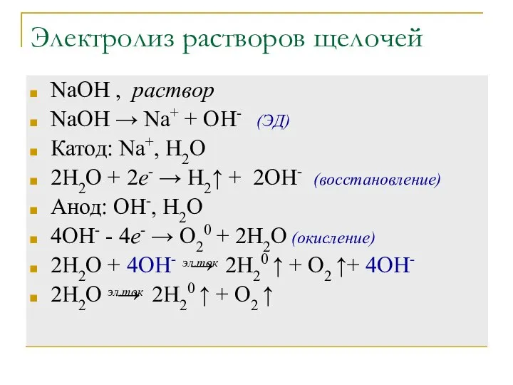 Электролиз растворов щелочей NaOH , раствор NaOH → Na+ + OH-