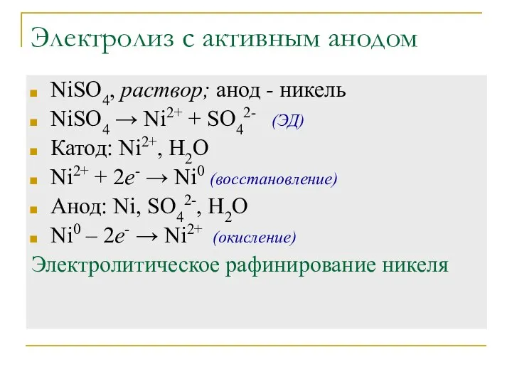 Электролиз с активным анодом NiSO4, раствор; анод - никель NiSO4 →