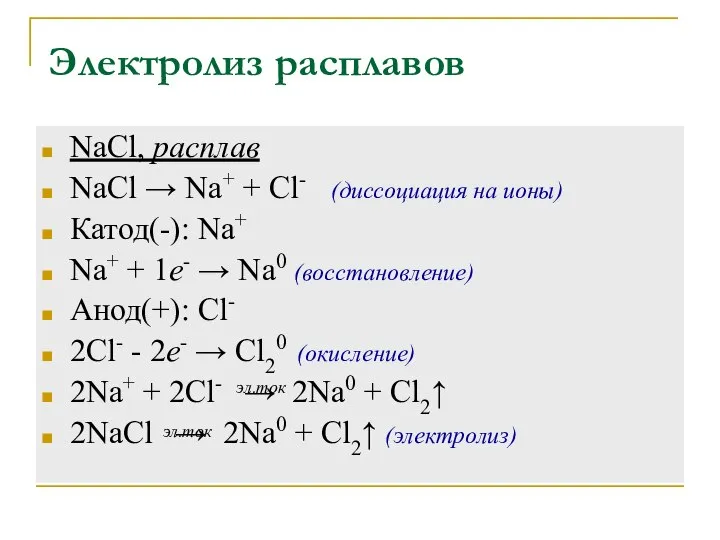 Электролиз расплавов NaCl, расплав NaCl → Na+ + Cl- (диссоциация на