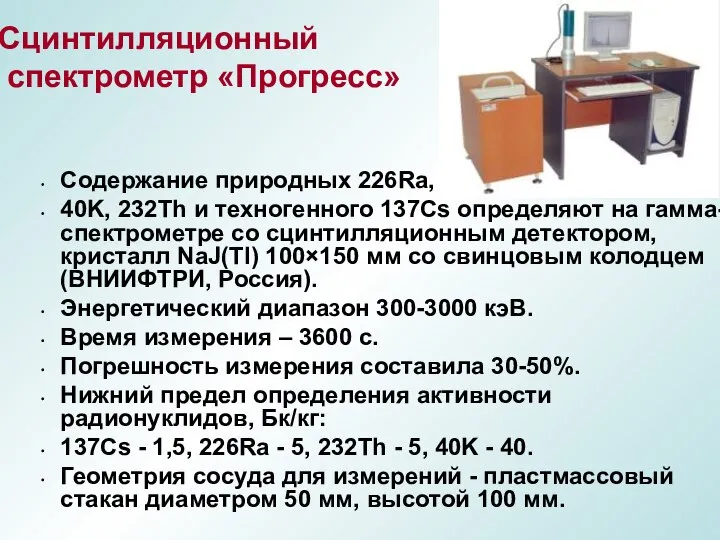 Содержание природных 226Ra, 40K, 232Th и техногенного 137Cs определяют на гамма-спектрометре