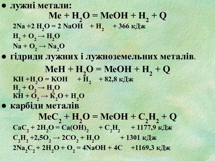 лужні метали: Ме + H2O = МеOH + H2 + Q