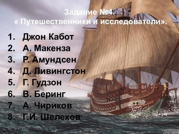 Задание №4. « Путешественники и исследователи». Джон Кабот А. Макенза Р.