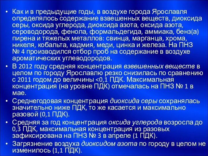 Как и в предыдущие годы, в воздухе города Ярославля определялось содержание