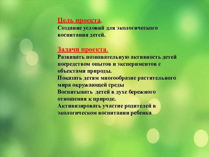 Цель проекта. Создание условий для экологического воспитания детей. Задачи проекта. Развивать