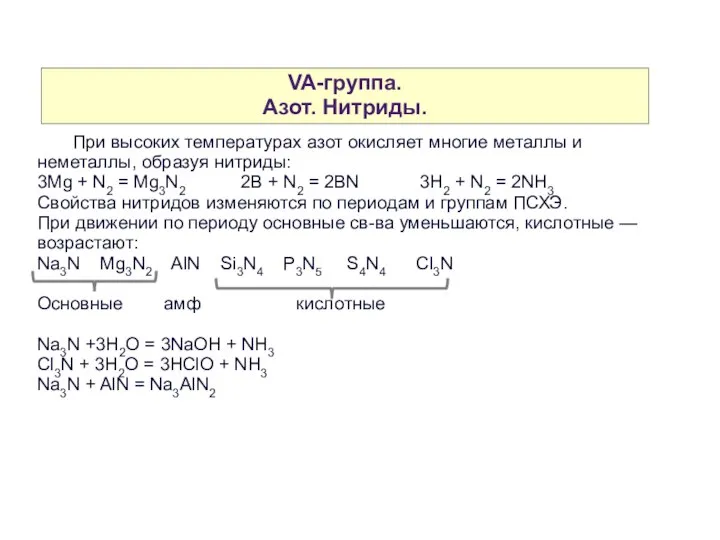 VA-группа. Азот. Нитриды. При высоких температурах азот окисляет многие металлы и