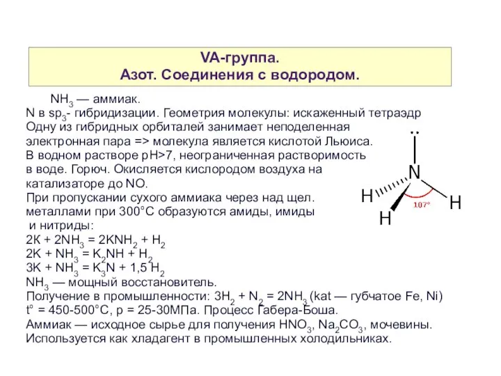 VA-группа. Азот. Cоединения с водородом. NH3 — аммиак. N в sp3-