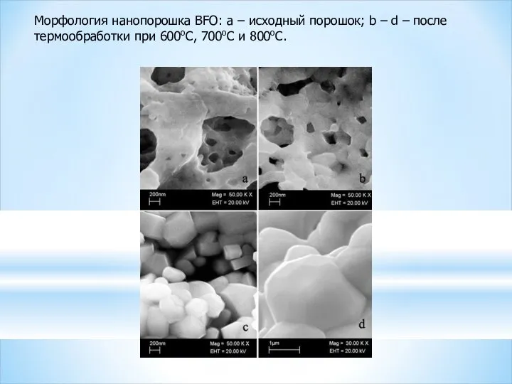 Морфология нанопорошка BFO: a – исходный порошок; b – d –