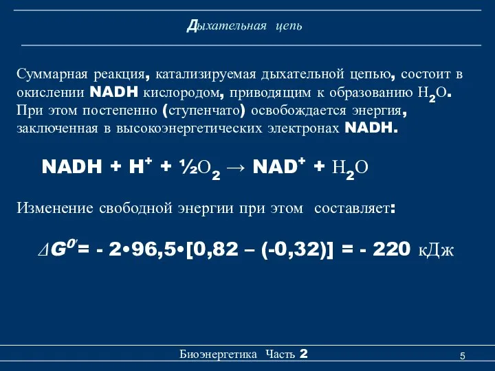 Дыхательная цепь Биоэнергетика Часть 2 Суммарная реакция, катализируемая дыхательной цепью, состоит