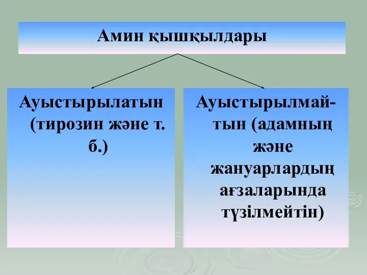 Амин қышқылдары Ауыстырылатын (тирозин және т.б.) Ауыстырылмай-тын (адамның және жануарлардың ағзаларында түзілмейтін)