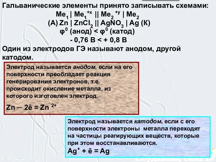 Гальванические элементы принято записывать схемами: Ме1 | Ме1+х || Ме2 +y