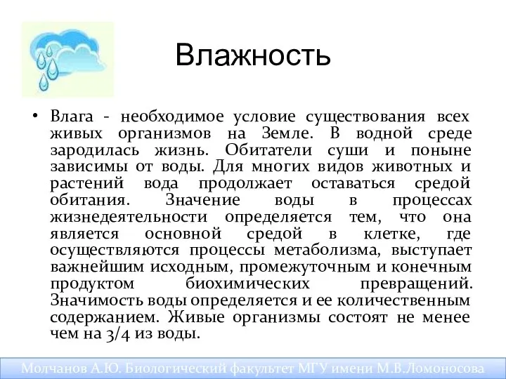 Влажность Влага - необходимое условие существования всех живых организмов на Земле.