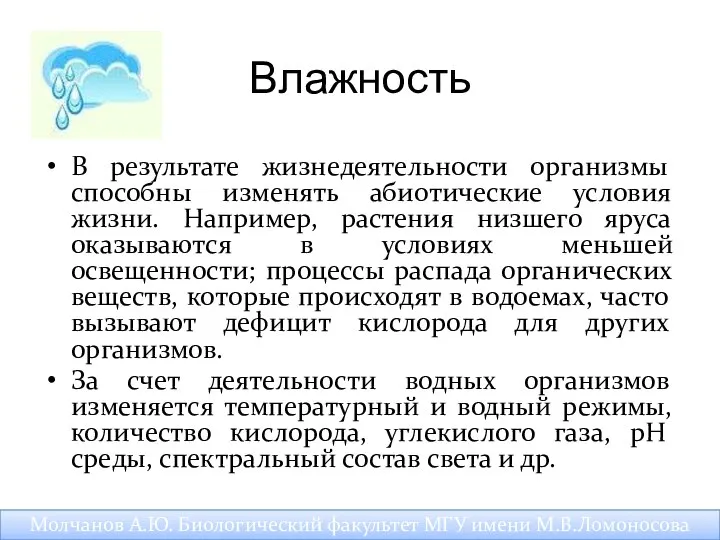 Влажность В результате жизнедеятельности организмы способны изменять абиотические условия жизни. Например,